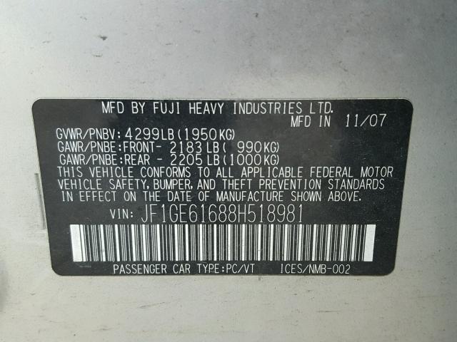 JF1GE61688H518981 - 2008 SUBARU IMPREZA 2. SILVER photo 10