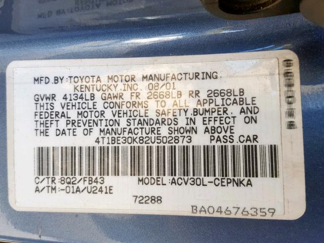 4T1BE30K82U502873 - 2002 TOYOTA CAMRY LE BLUE photo 10