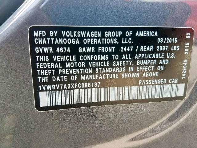 1VWBV7A3XFC085137 - 2015 VOLKSWAGEN PASSAT SE GRAY photo 10