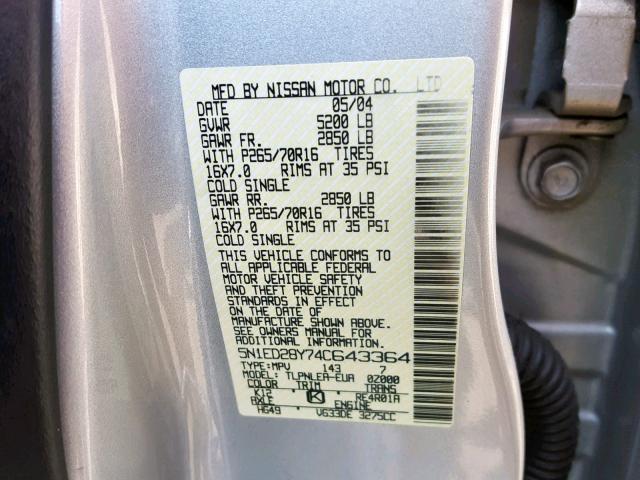 5N1ED28Y74C643364 - 2004 NISSAN XTERRA XE SILVER photo 10