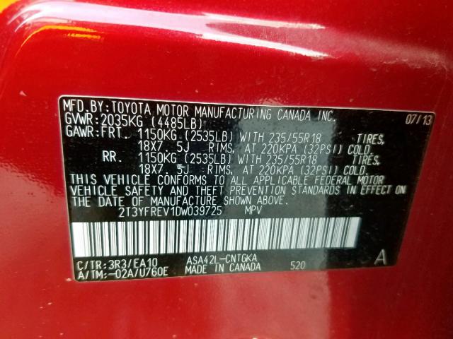 2T3YFREV1DW039725 - 2013 TOYOTA RAV4 LIMIT RED photo 10