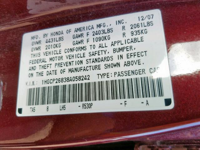 1HGCP26838A058242 - 2008 HONDA ACCORD EXL BURGUNDY photo 10