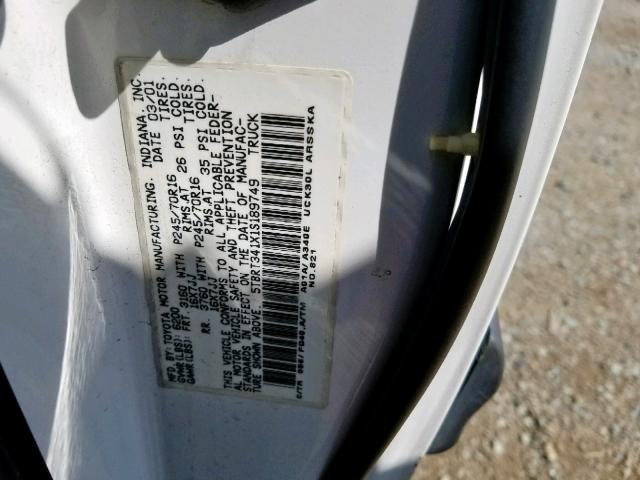 5TBRT341X1S189749 - 2001 TOYOTA TUNDRA ACC WHITE photo 10