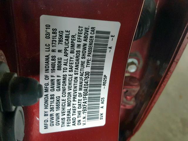 19XFA1F60AE047630 - 2010 HONDA CIVIC LX-S Tünd qırmızı foto 10