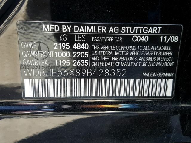 WDBUF56X89B428352 - 2009 MERCEDES-BENZ E 350 BLACK photo 10