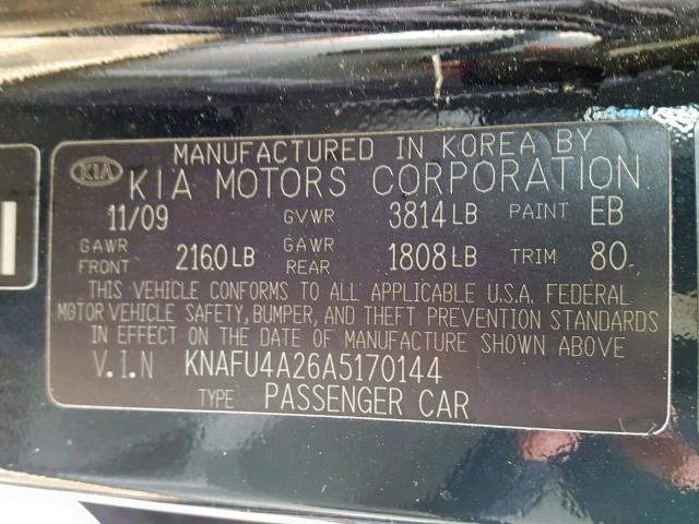 KNAFU4A26A5170144 - 2010 KIA FORTE EX BLACK photo 10