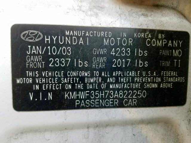 KMHWF35H73A822250 - 2003 HYUNDAI SONATA GLS WHITE photo 10