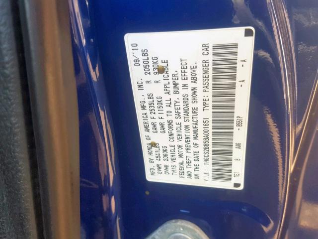 1HGCS2B85BA001651 - 2011 HONDA ACCORD EXL BLUE photo 10