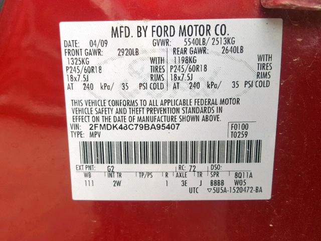 2FMDK48C79BA95407 - 2009 FORD EDGE SEL RED photo 10