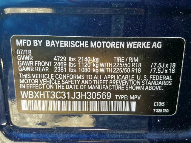 WBXHT3C31J3H30569 - 2018 BMW X1 XDRIVE2 BLUE photo 10