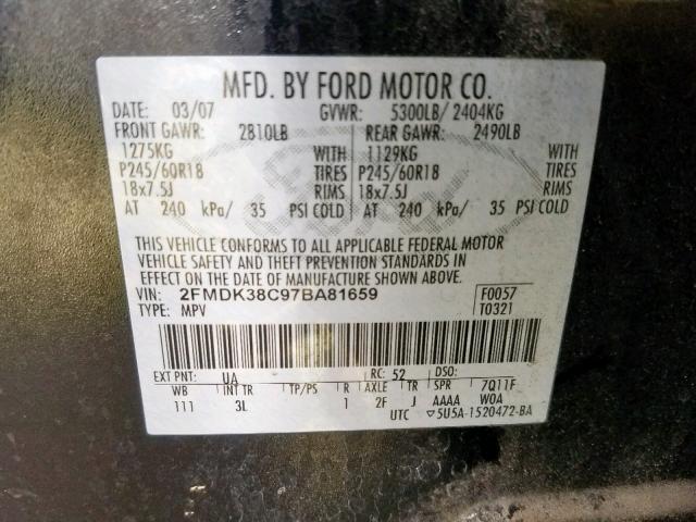 2FMDK38C97BA81659 - 2007 FORD EDGE SEL BLACK photo 10