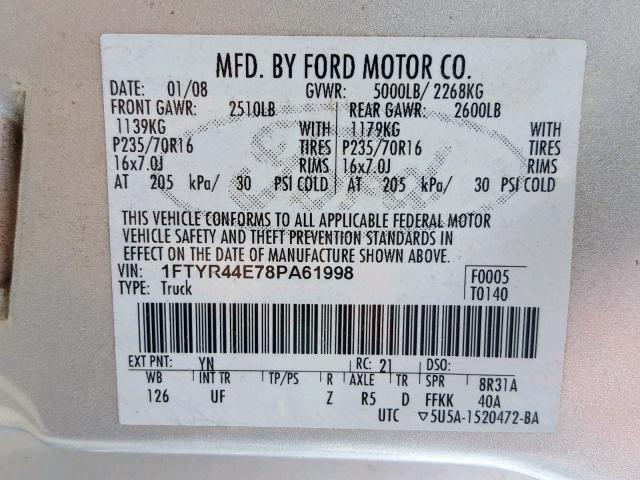 1FTYR44E78PA61998 - 2008 FORD RANGER SUP SILVER photo 10