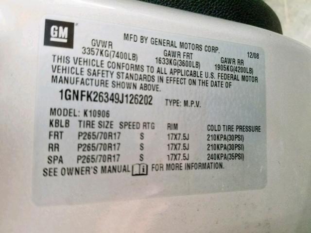 1GNFK26349J126202 - 2009 CHEVROLET SUBURBAN K1500 LT  photo 10