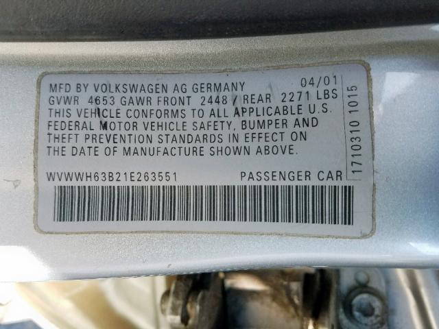 WVWWH63B21E263551 - 2001 VOLKSWAGEN PASSAT GLX 银色 照片 10