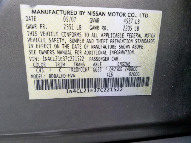 1N4CL21E37C221522 - 2007 NISSAN ALTIMA HYB BROWN photo 10