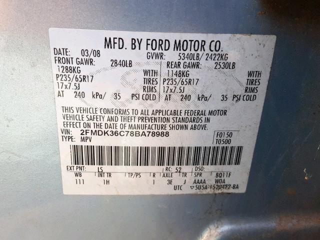 2FMDK36C78BA78988 - 2008 FORD EDGE SE BLUE photo 10