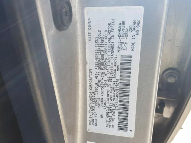 JTLKT334650177079 - 2005 TOYOTA SCION XB SILVER photo 10