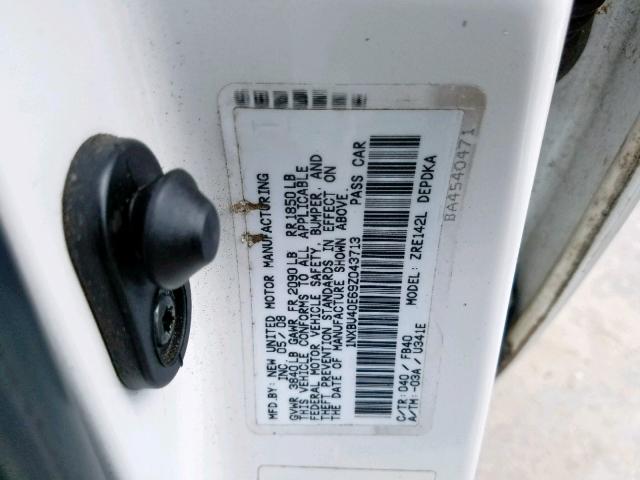 1NXBU40E69Z043713 - 2009 TOYOTA COROLLA BA WHITE photo 10