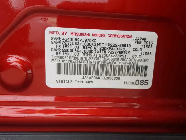 JA4AP3AU1GZ030806 - 2016 MITSUBISHI OUTLANDER RED photo 10