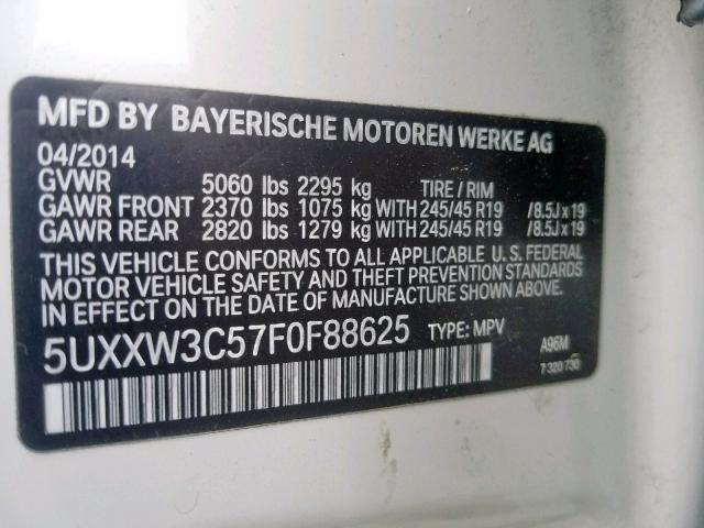 5UXXW3C57F0F88625 - 2015 BMW X4 XDRIVE2 WHITE photo 10