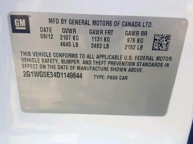 2G1WG5E34D1149844 - 2013 CHEVROLET IMPALA LT WHITE photo 10