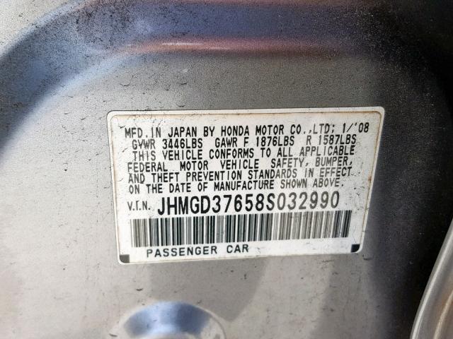 JHMGD37658S032990 - 2008 HONDA FIT SPORT SILVER photo 10