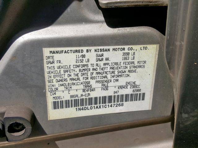 1N4DL01AX1C147268 - 2001 NISSAN ALTIMA GXE TAN photo 10