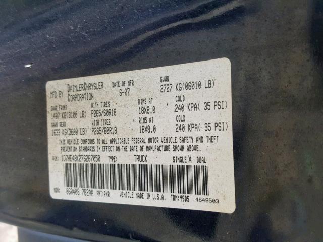 1D7HE48K27S267050 - 2007 DODGE DAKOTA QUA BLACK photo 10