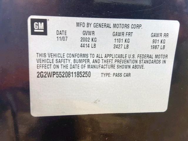 2G2WP552081185250 - 2008 PONTIAC GRAND PRIX BROWN photo 10