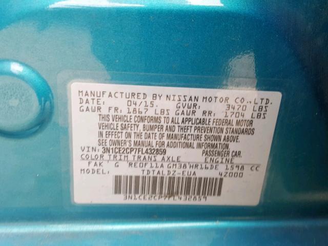 3N1CE2CP7FL432859 - 2015 NISSAN VERSA NOTE BLUE photo 10