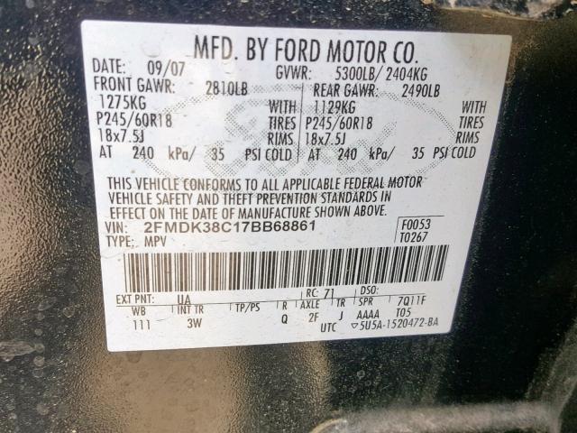 2FMDK38C17BB68861 - 2007 FORD EDGE SEL BLACK photo 10