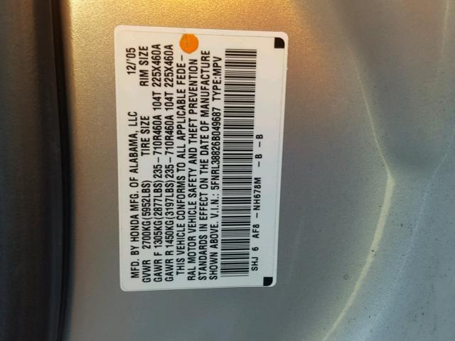 5FNRL38826B049687 - 2006 HONDA ODYSSEY TO SILVER photo 10