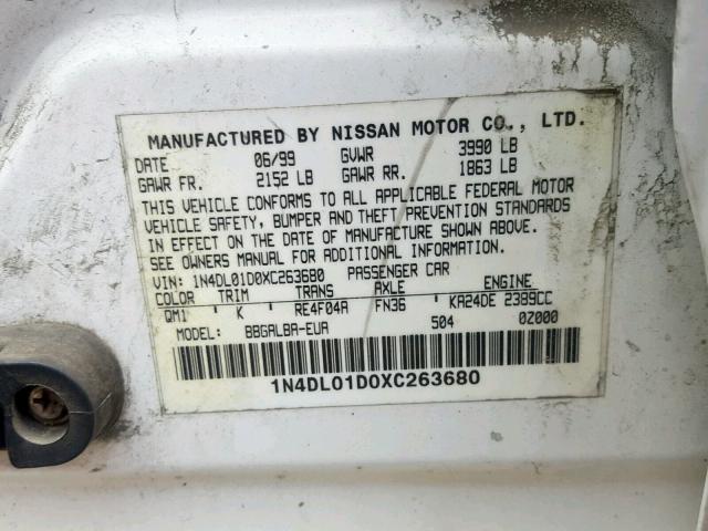 1N4DL01D0XC263680 - 1999 NISSAN ALTIMA XE WHITE photo 10