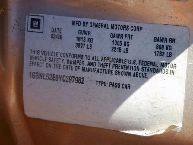 1G3NL52E0YC397982 - 2000 OLDSMOBILE ALERO GL TAN photo 10