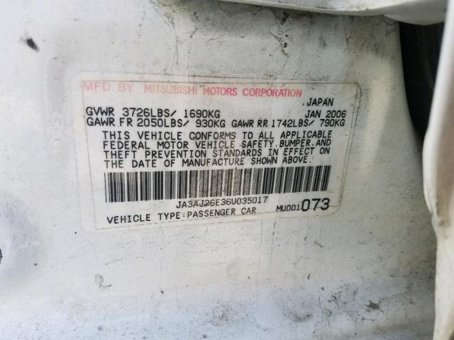 JA3AJ26E36U035017 - 2006 MITSUBISHI LANCER ES WHITE photo 10