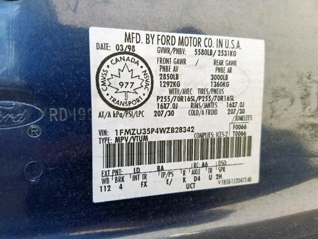 1FMZU35P4WZB28342 - 1998 FORD EXPLORER BLUE photo 10