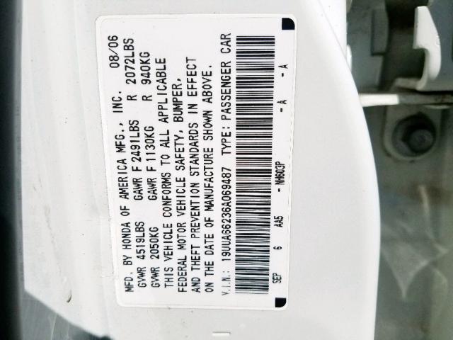 19UUA66236A069487 - 2006 ACURA 3.2TL WHITE photo 10