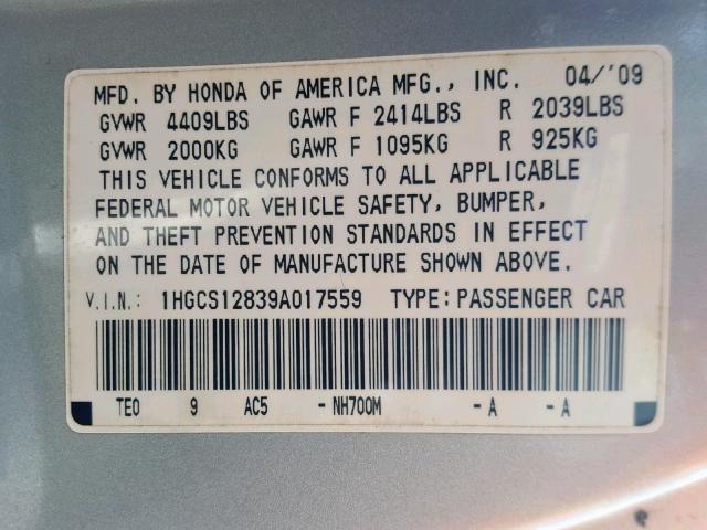 1HGCS12839A017559 - 2009 HONDA ACCORD EXL SILVER photo 10