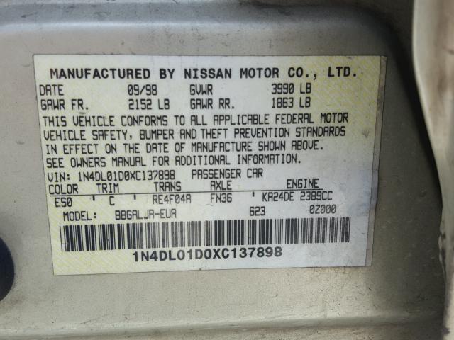 1N4DL01D0XC137898 - 1999 NISSAN ALTIMA XE GOLD photo 10