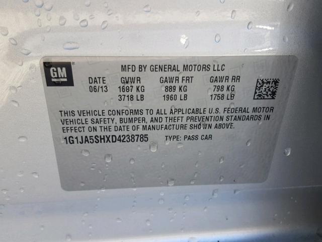 1G1JA5SHXD4238785 - 2013 CHEVROLET SONIC LS 银色 照片 10