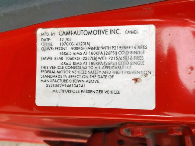 2S3TD62V946104241 - 2004 SUZUKI VITARA LX RED photo 10