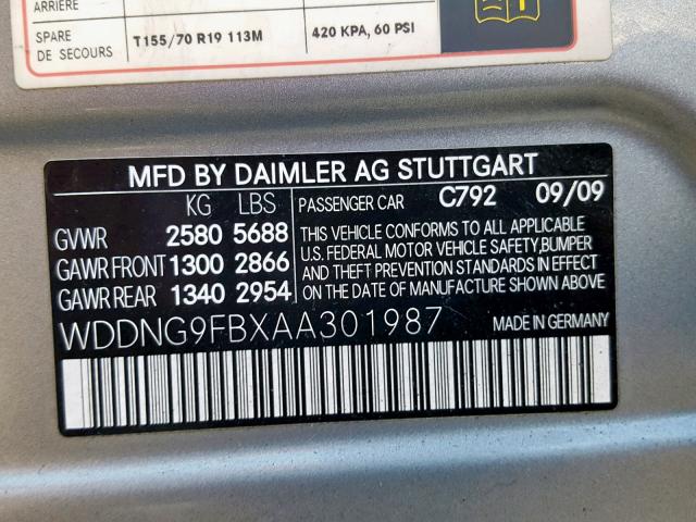 WDDNG9FBXAA301987 - 2010 MERCEDES-BENZ S 400 GRAY photo 10