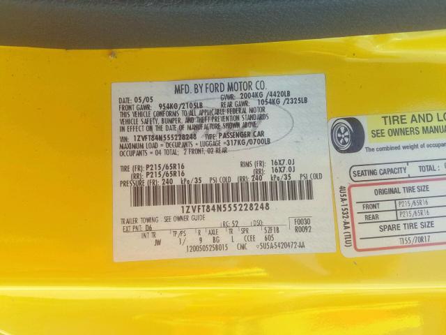 1ZVFT84N555228248 - 2005 FORD MUSTANG YELLOW photo 10