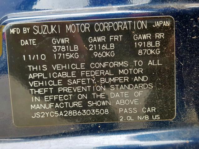 JS2YC5A28B6303508 - 2011 SUZUKI SX4 LE BLUE photo 10