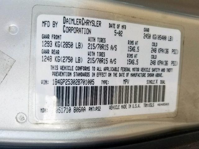 1B4GP25302B701005 - 2002 DODGE CARAVAN SE SILVER photo 10