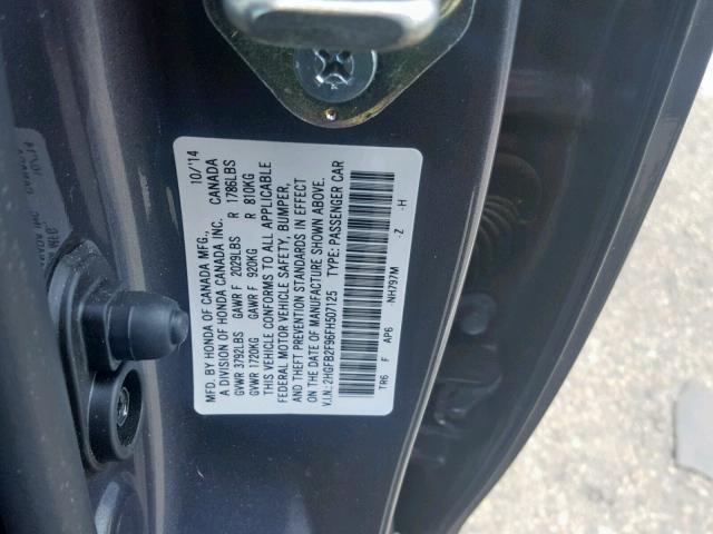 2HGFB2F96FH507125 - 2015 HONDA CIVIC EXL ნაცრისფერი ფოტო 10