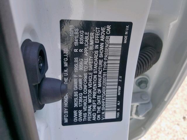 SHHFK7G4XKU200781 - 2019 HONDA CIVIC SPOR WHITE photo 10