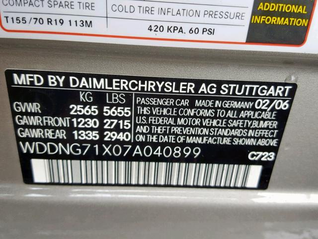 WDDNG71X07A040899 - 2007 MERCEDES-BENZ S 550 GRAY photo 10