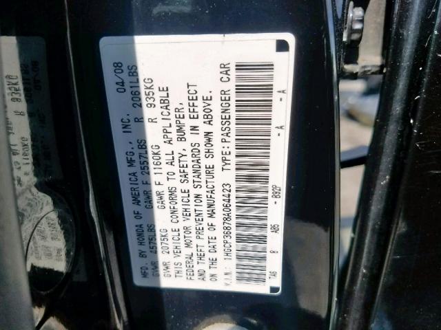 1HGCP36878A064423 - 2008 HONDA ACCORD EXL BLACK photo 10