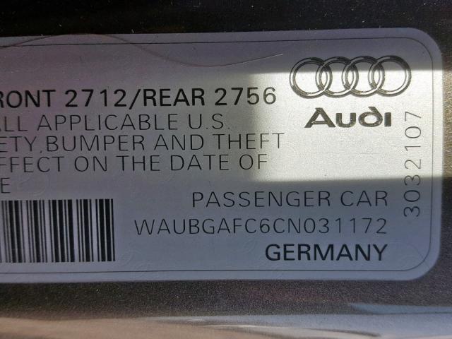 WAUBGAFC6CN031172 - 2012 AUDI A6 GRAY photo 10